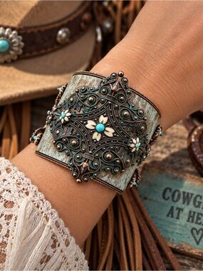 Ornate Copper Filigree Cuff Bracelet Turquoise Floral Boho Statement